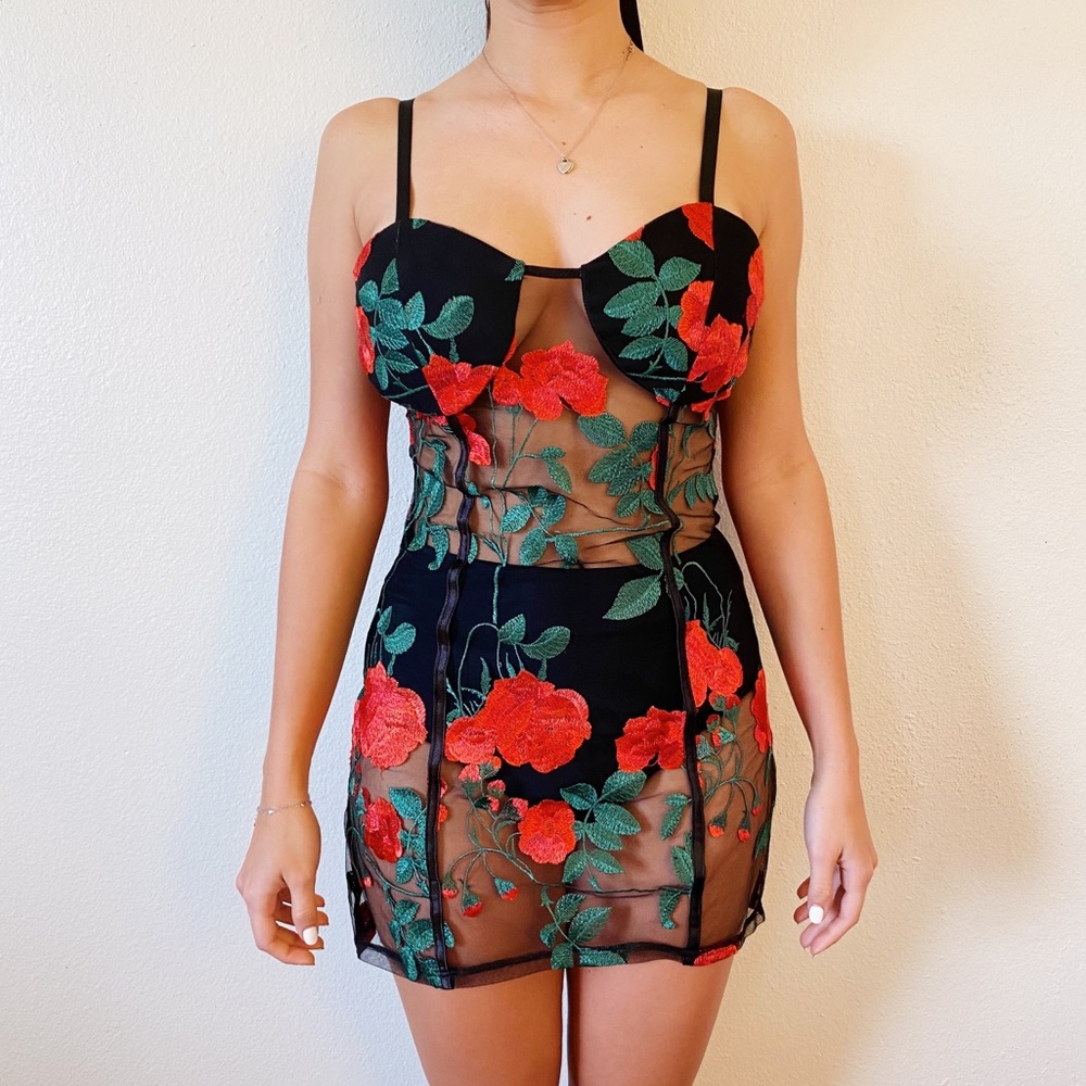 Floral Embroidered Black Mini Dress with Red Roses - Picture 4 of 7